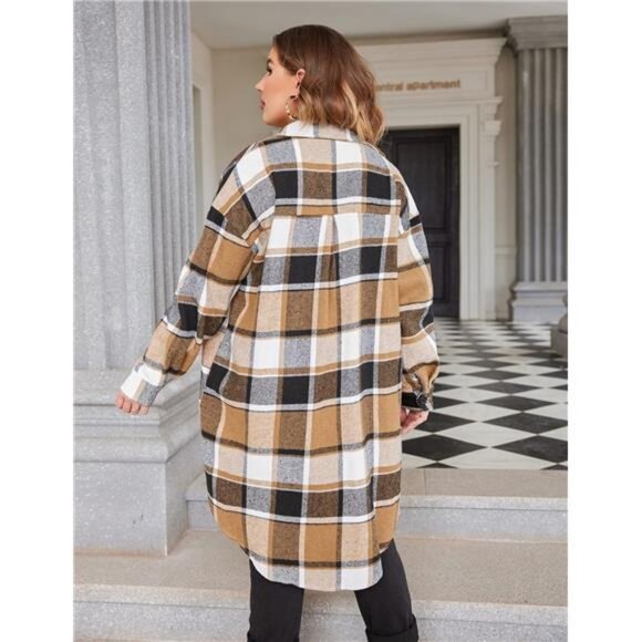 Womens Plus Size Flannel Plaid Lounge LapelButton Down Tartan Long Jacket Coats - Picture 3 of 5